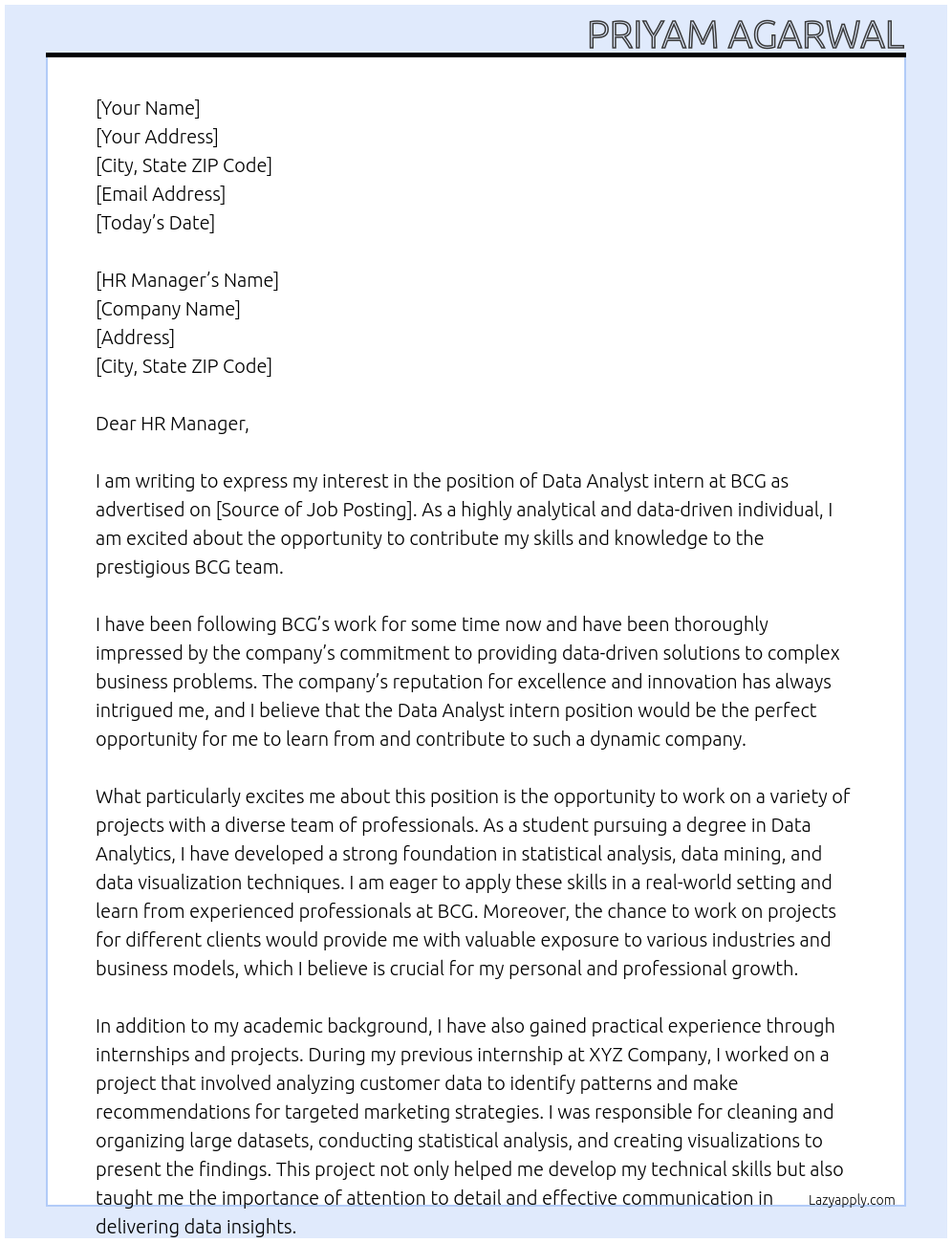 Data Analyst Intern At BCG Cover Letter