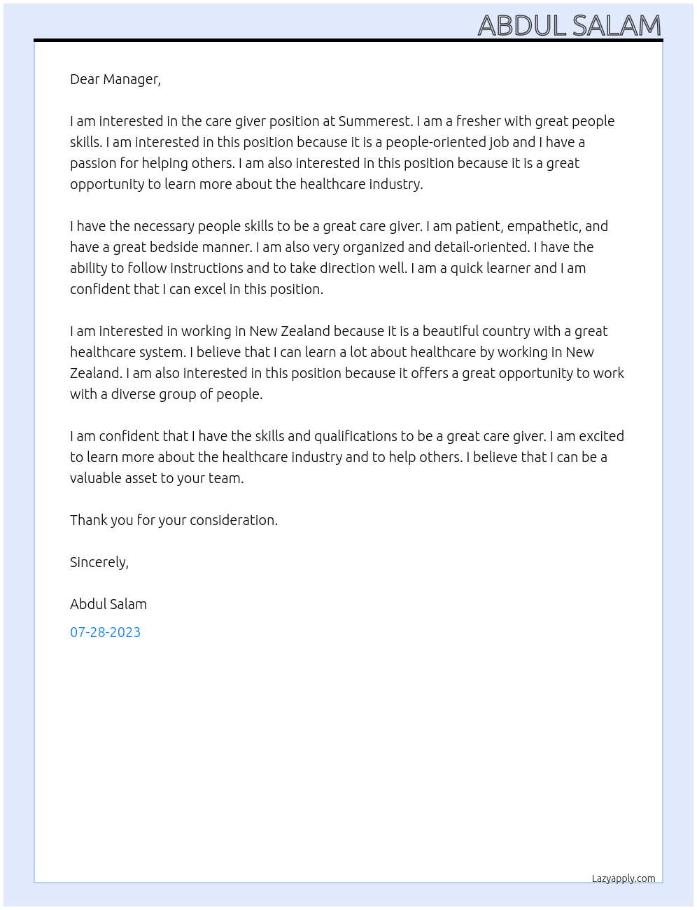 Care giver At Summerest Cover Letter