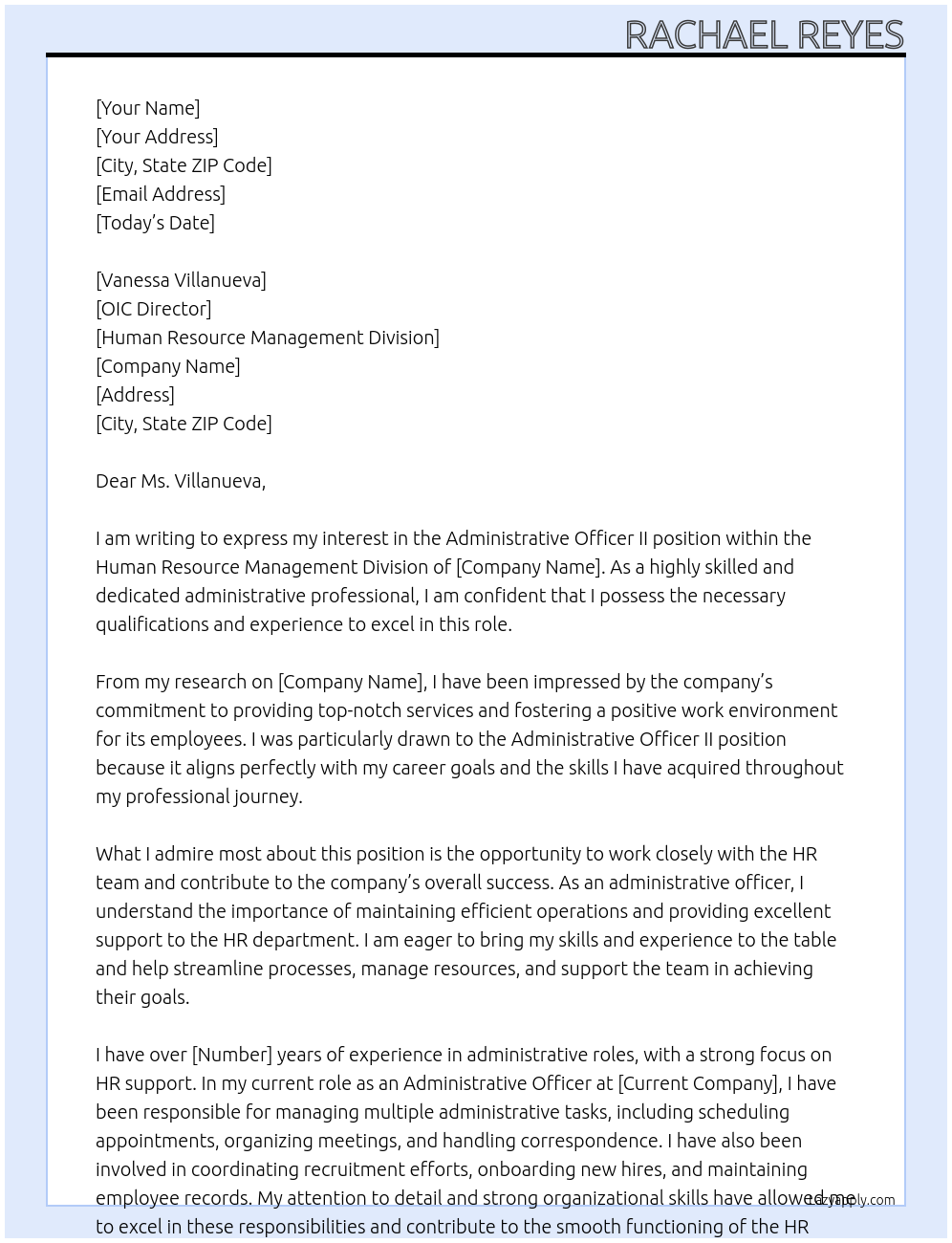 Administrative officer ii At Human Resource Management Division Cover Letter