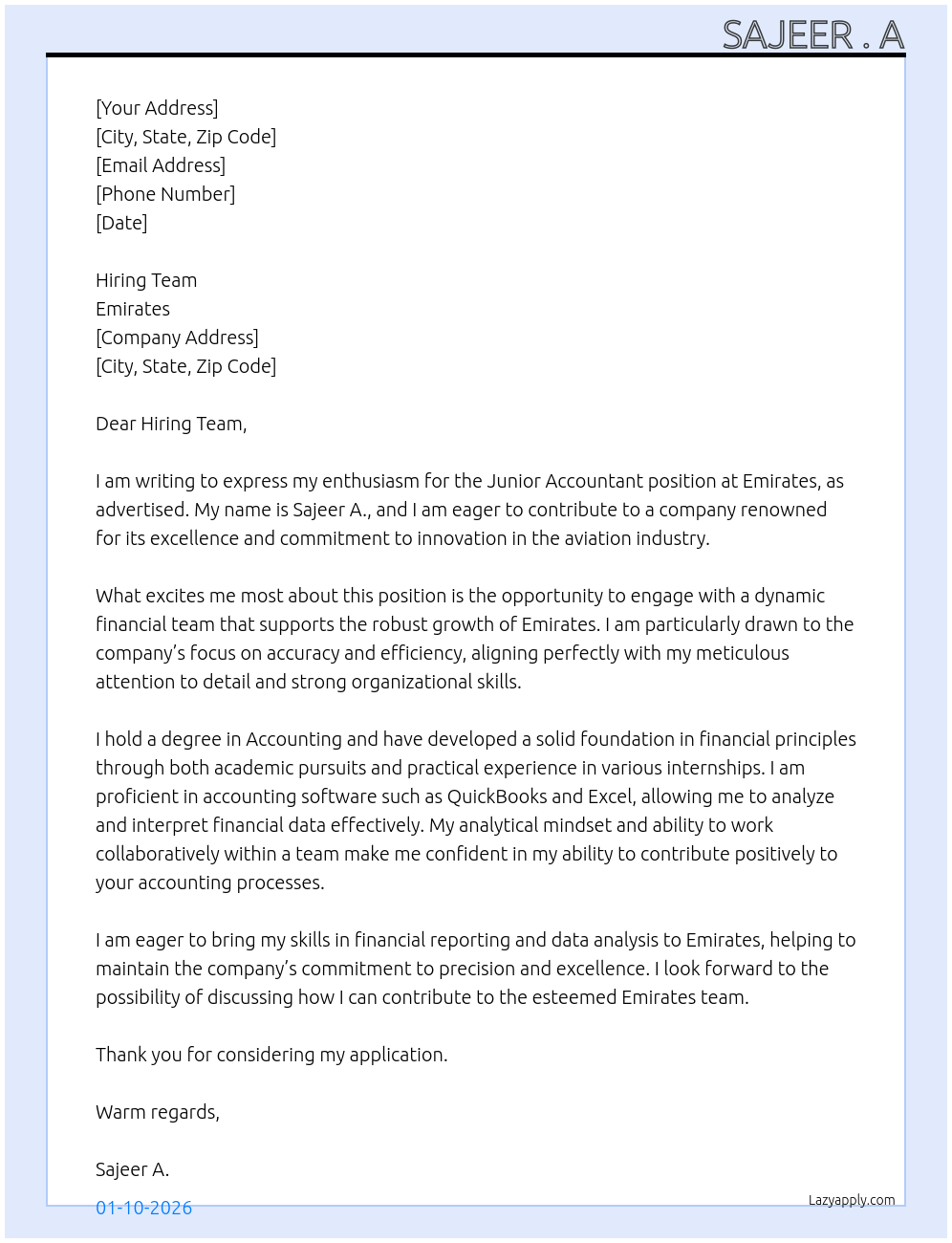 Cover letter for junior accountant - LazyApply