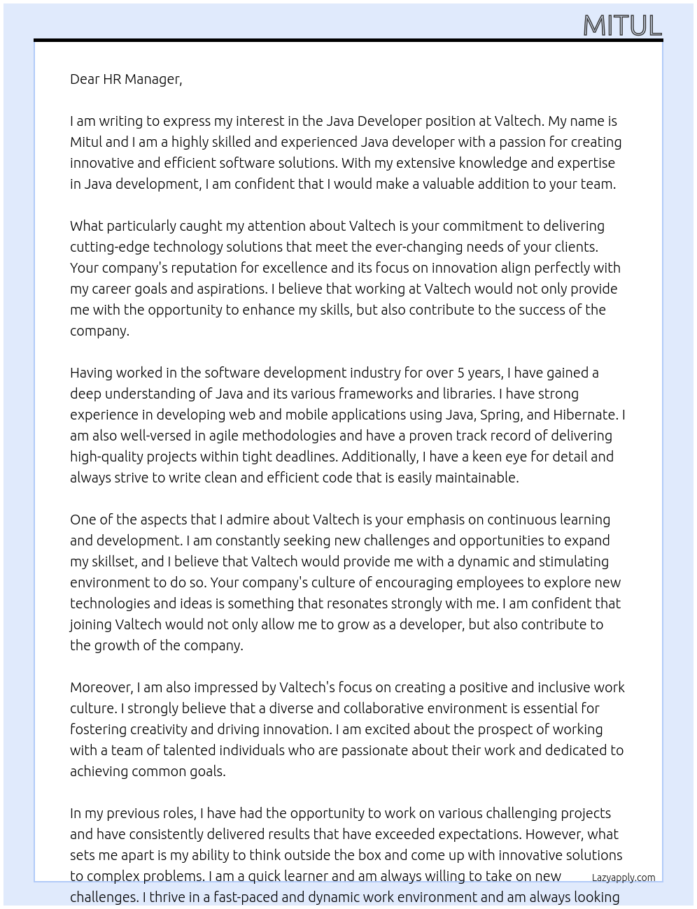 Java developer At Valtech Cover Letter