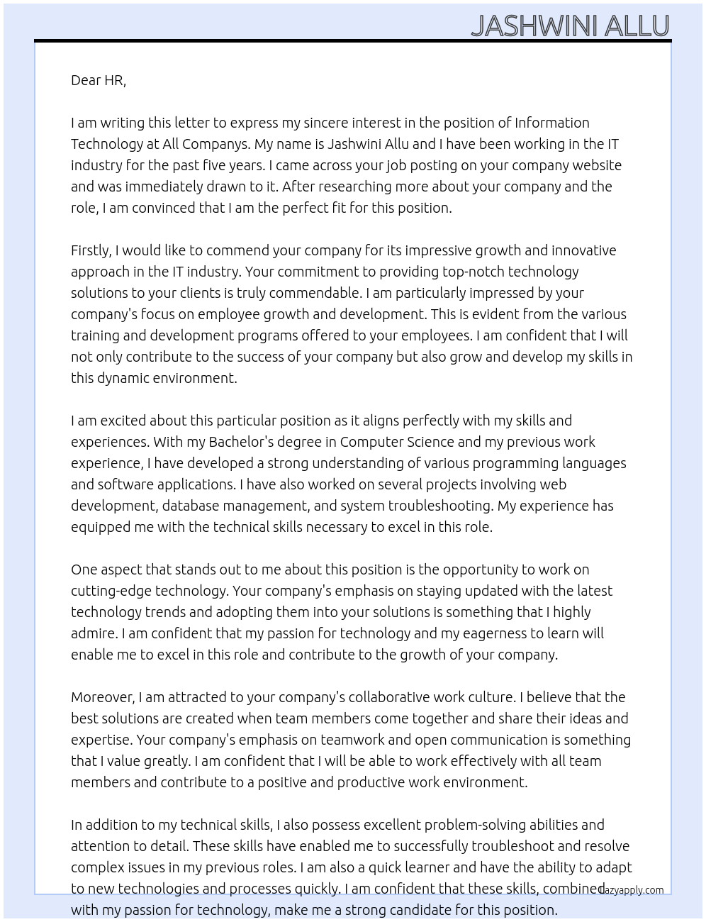 information technology At all companys Cover Letter