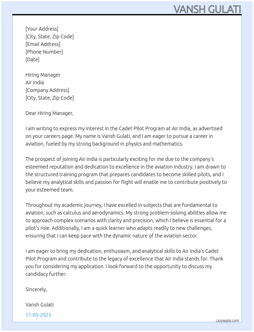 Application for cadet pilot program At Air india Cover Letter