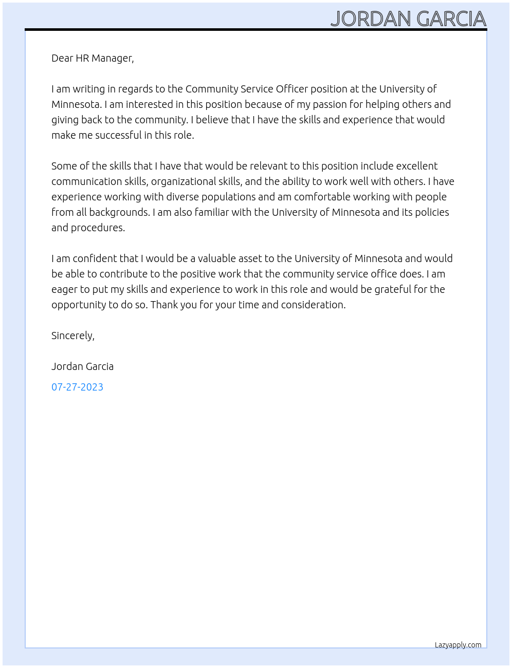 Community Service Officer At University of Minnesota Cover Letter