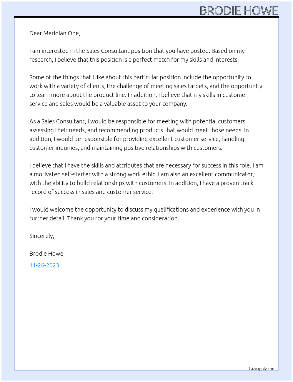 Sales Consultant At Meridian One Cover Letter
