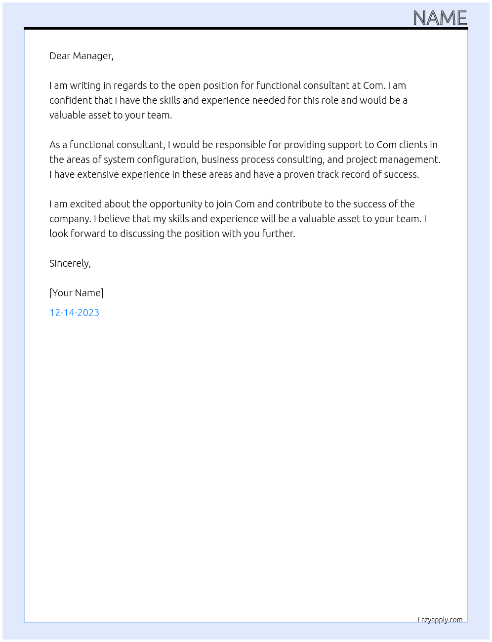 Functional consultant  At Com Cover Letter
