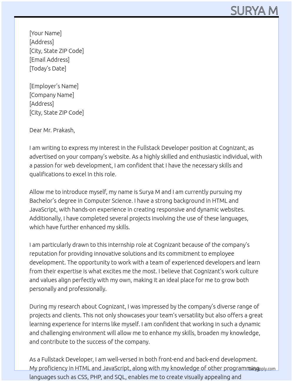 Fullstack developer At Cognizant Cover Letter