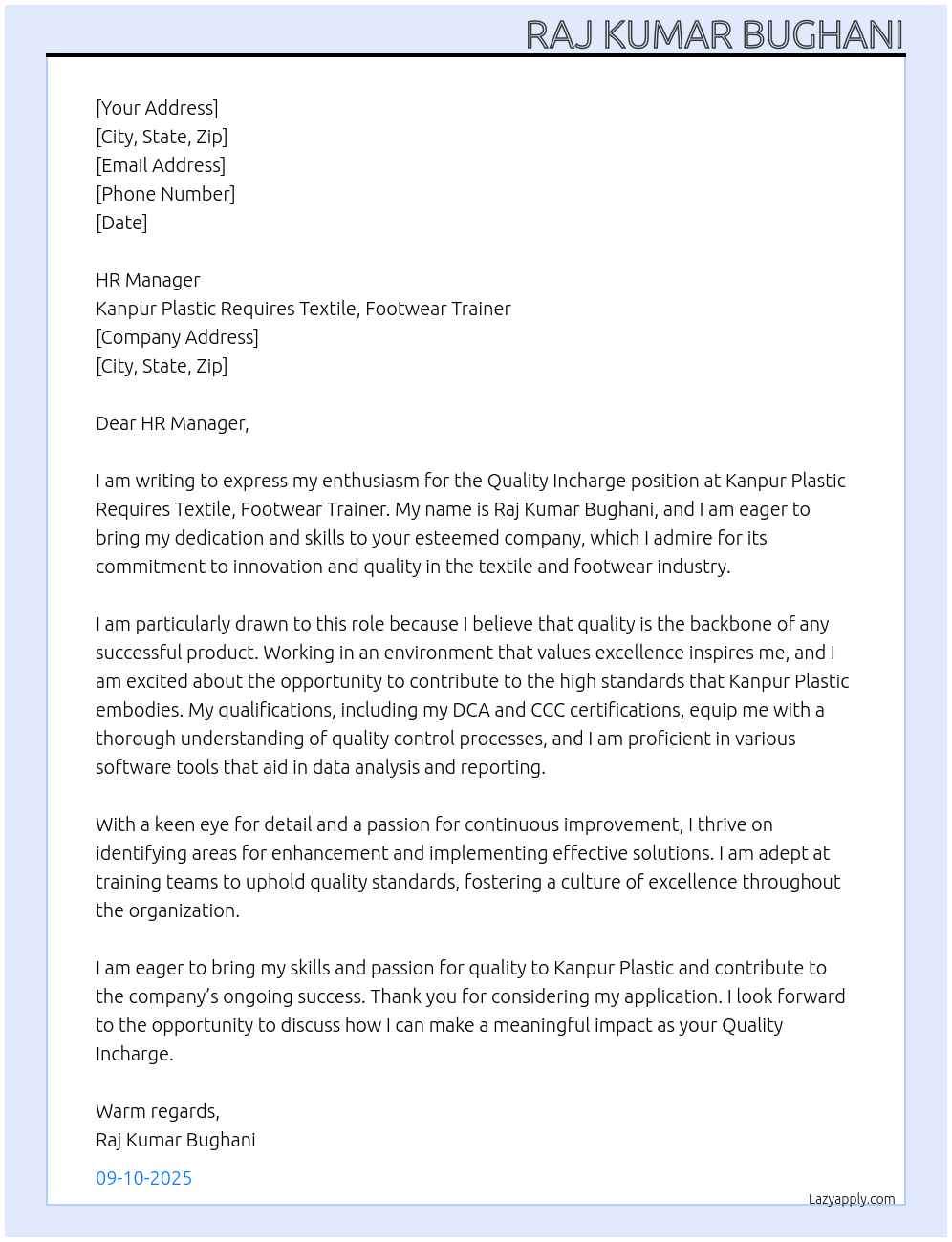 Cover letter for quality incharge - LazyApply