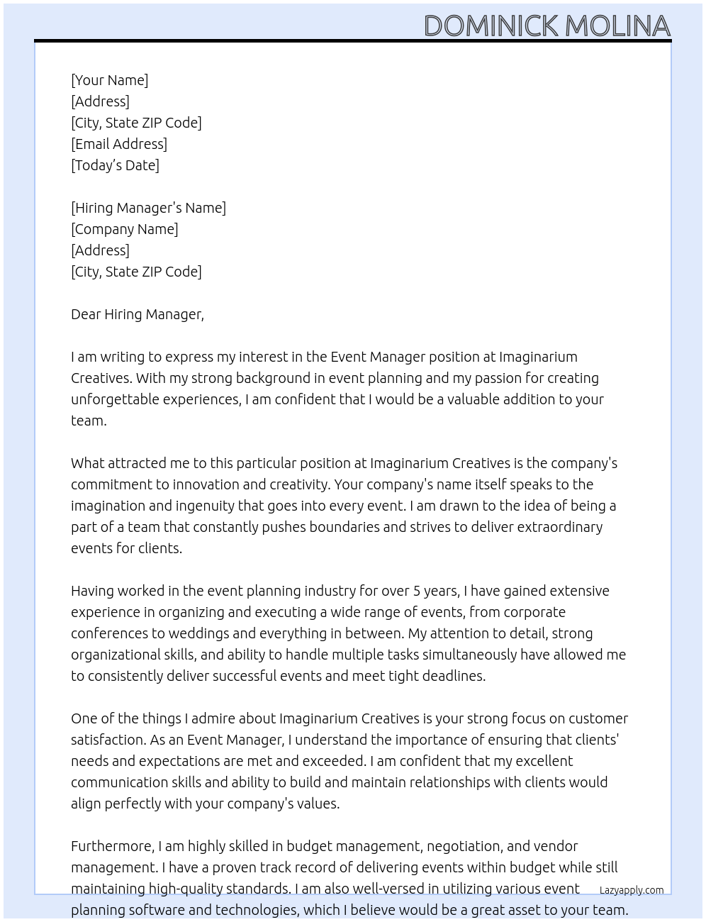 event manager At imaginarium Creatives Cover Letter