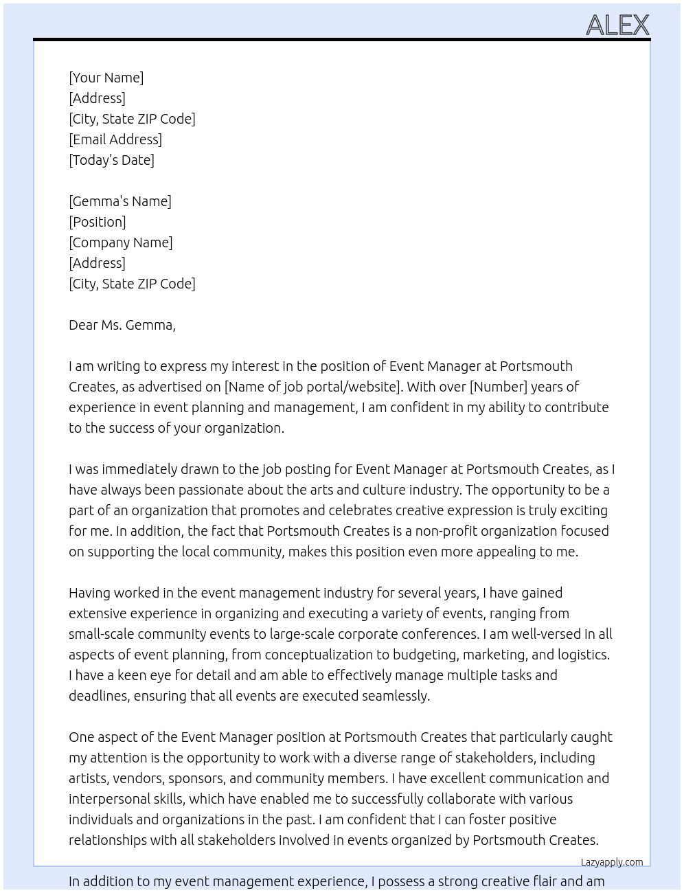 Event Manager At Portsmouth Creates Cover Letter
