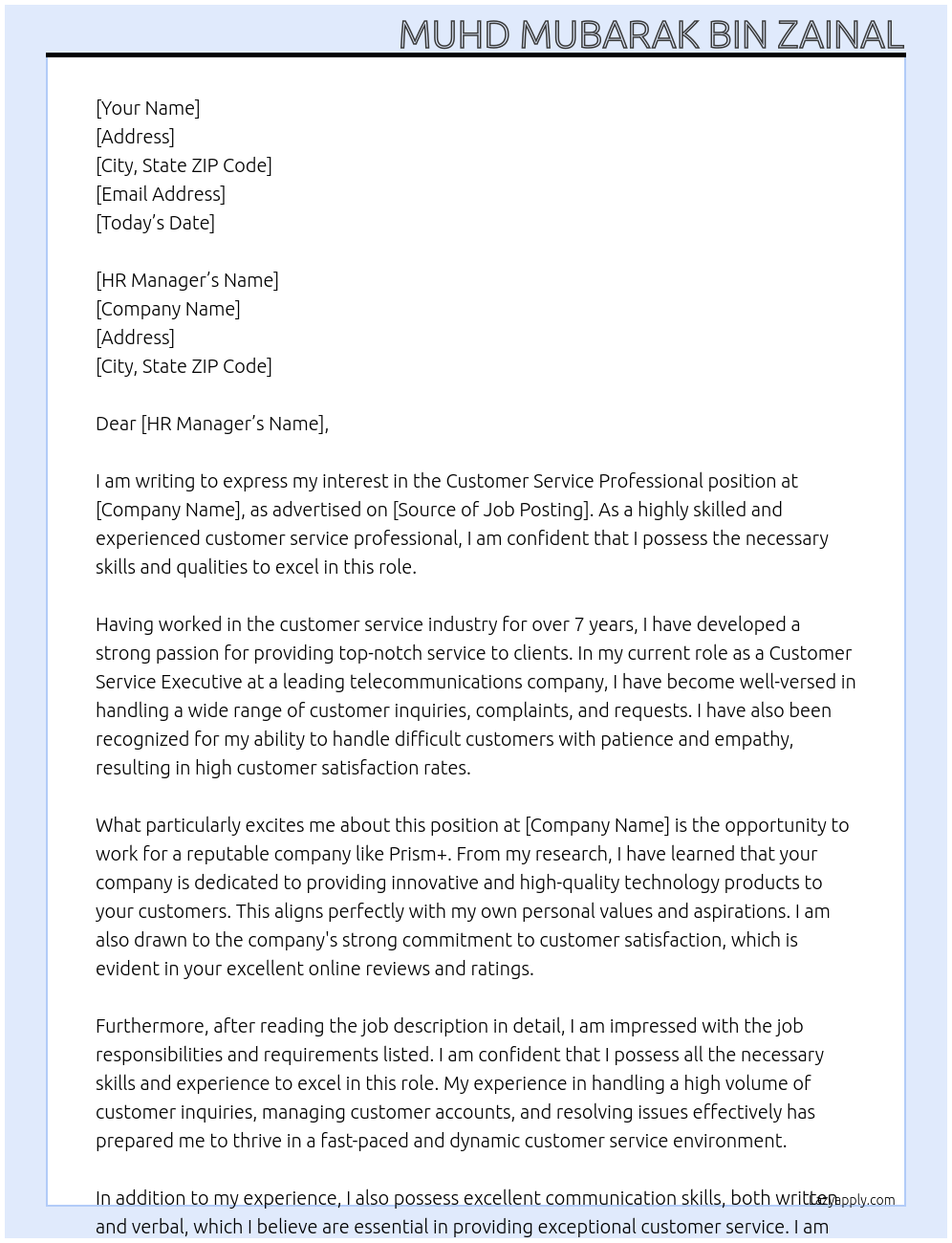 Customer service professional At Prism+ Cover Letter