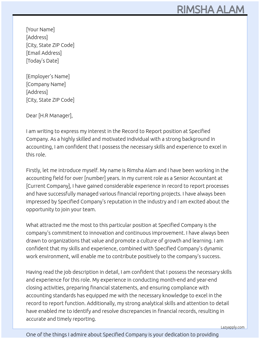 Record to Report  At Specified Company  Cover Letter