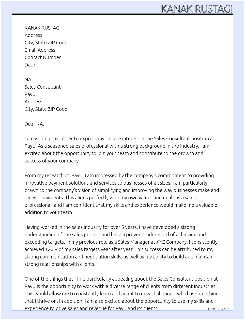 Sales Consultant At PayU Cover Letter