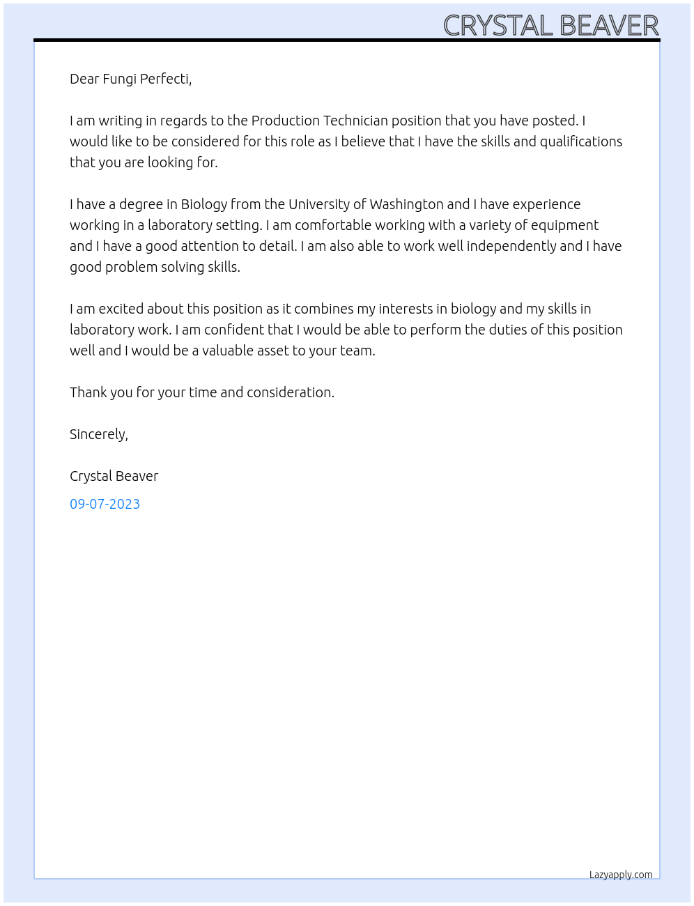 Production Technician At Fungi Perfecti Cover Letter