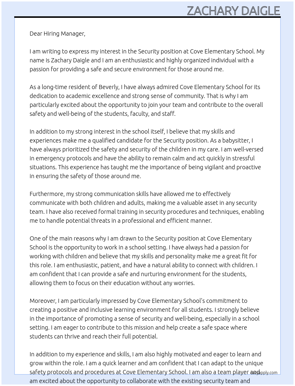 Security At Cove Elementary School Cover Letter