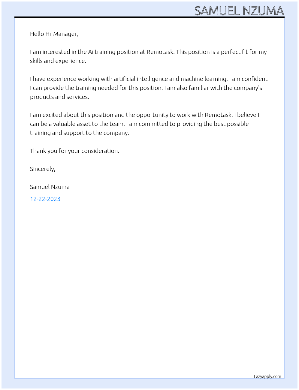 Ai training At remotask Cover Letter