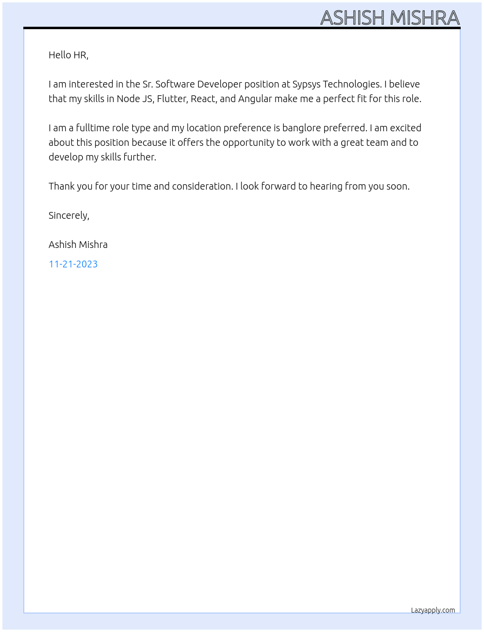 Sr. Software Developer At Sypsys Technologies Cover Letter