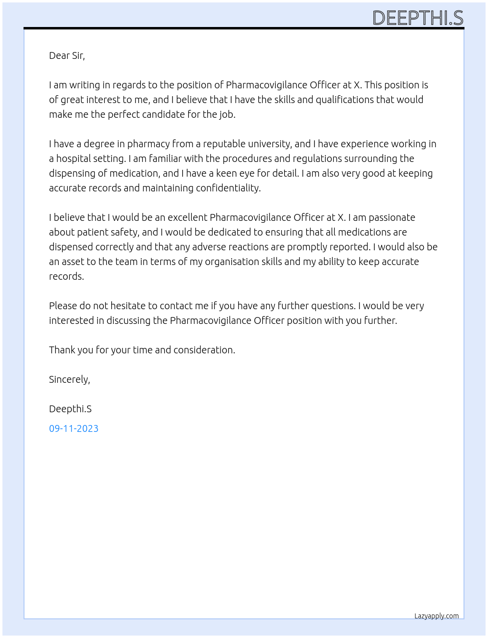 PHARMACOVIGILANCE OFFICER At X Cover Letter