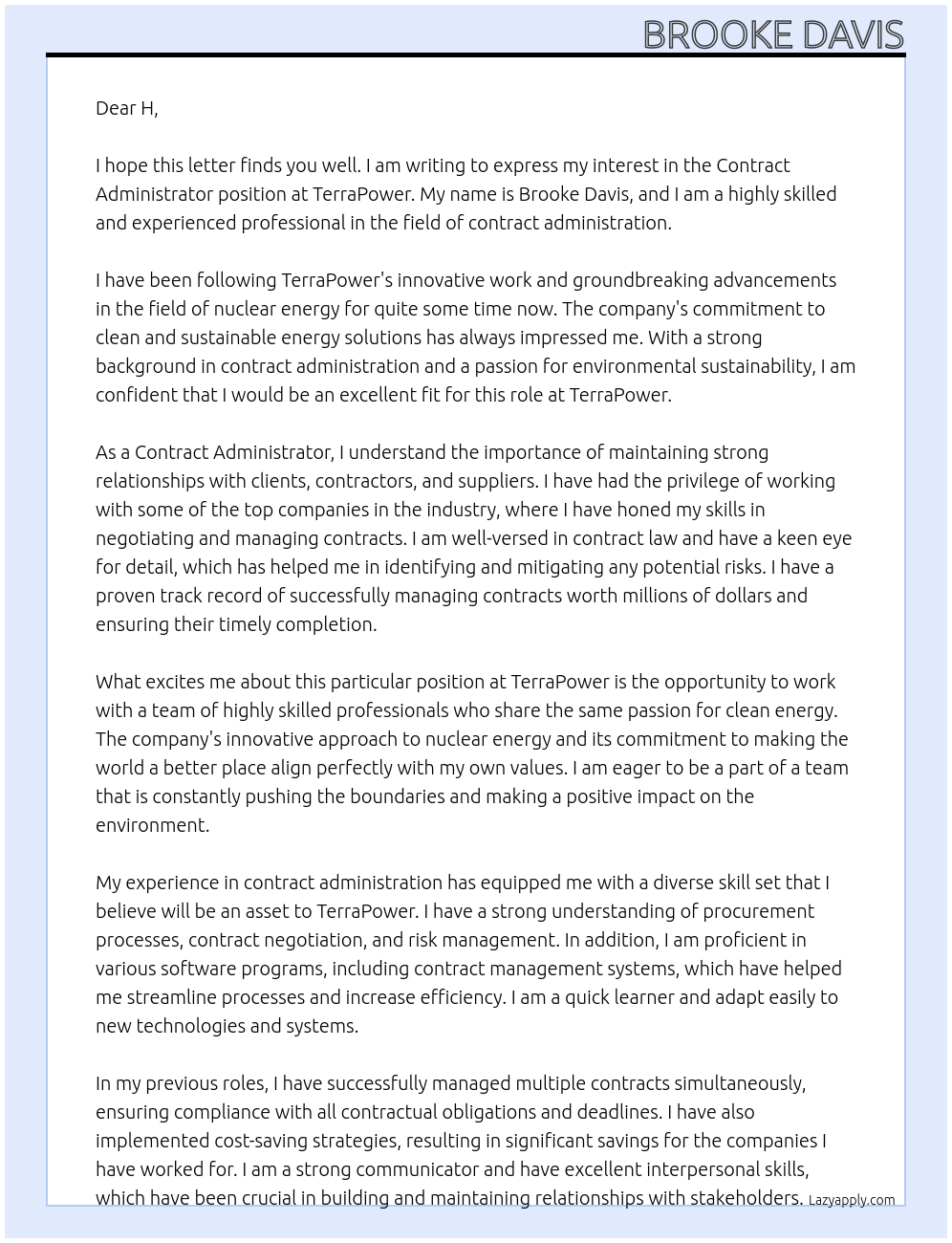 Contract Administrator At TerraPower Cover Letter