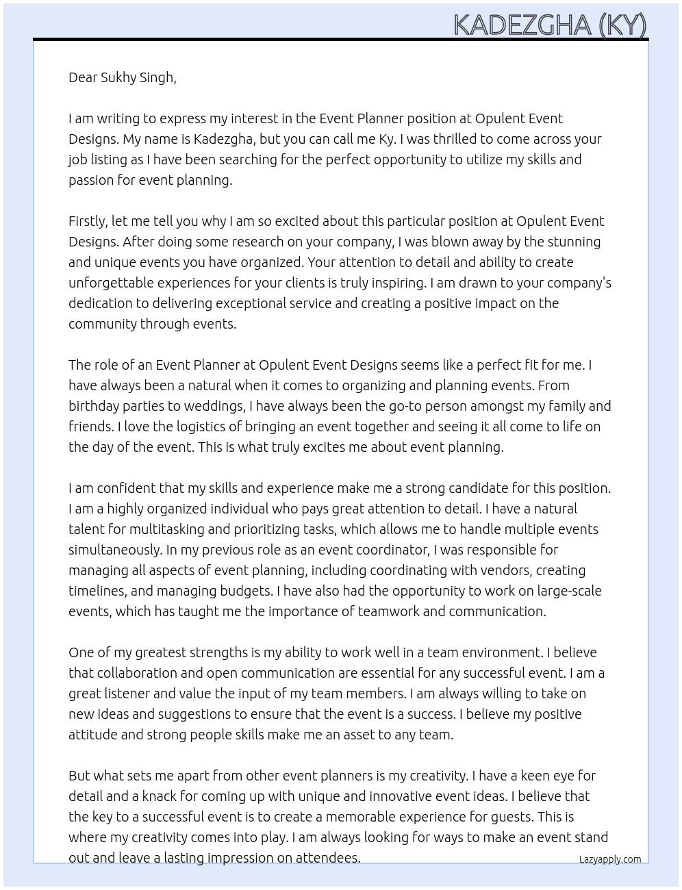 Event planner At Opulent event designs Cover Letter