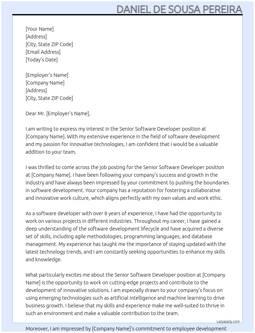 Senior Software Developer At Company Cover Letter