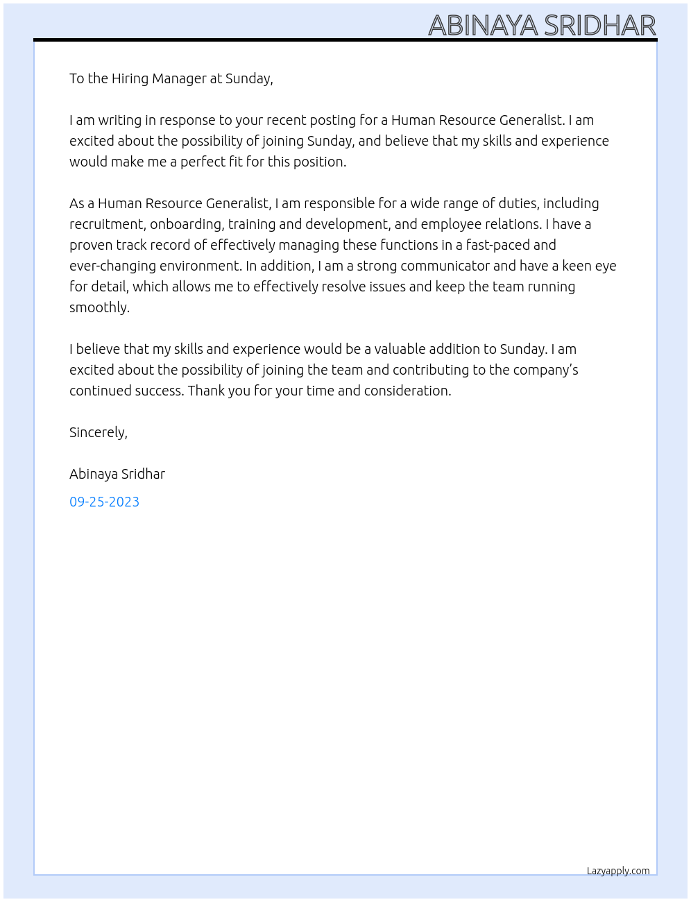 Human Resource Generalist At Sunday Cover Letter