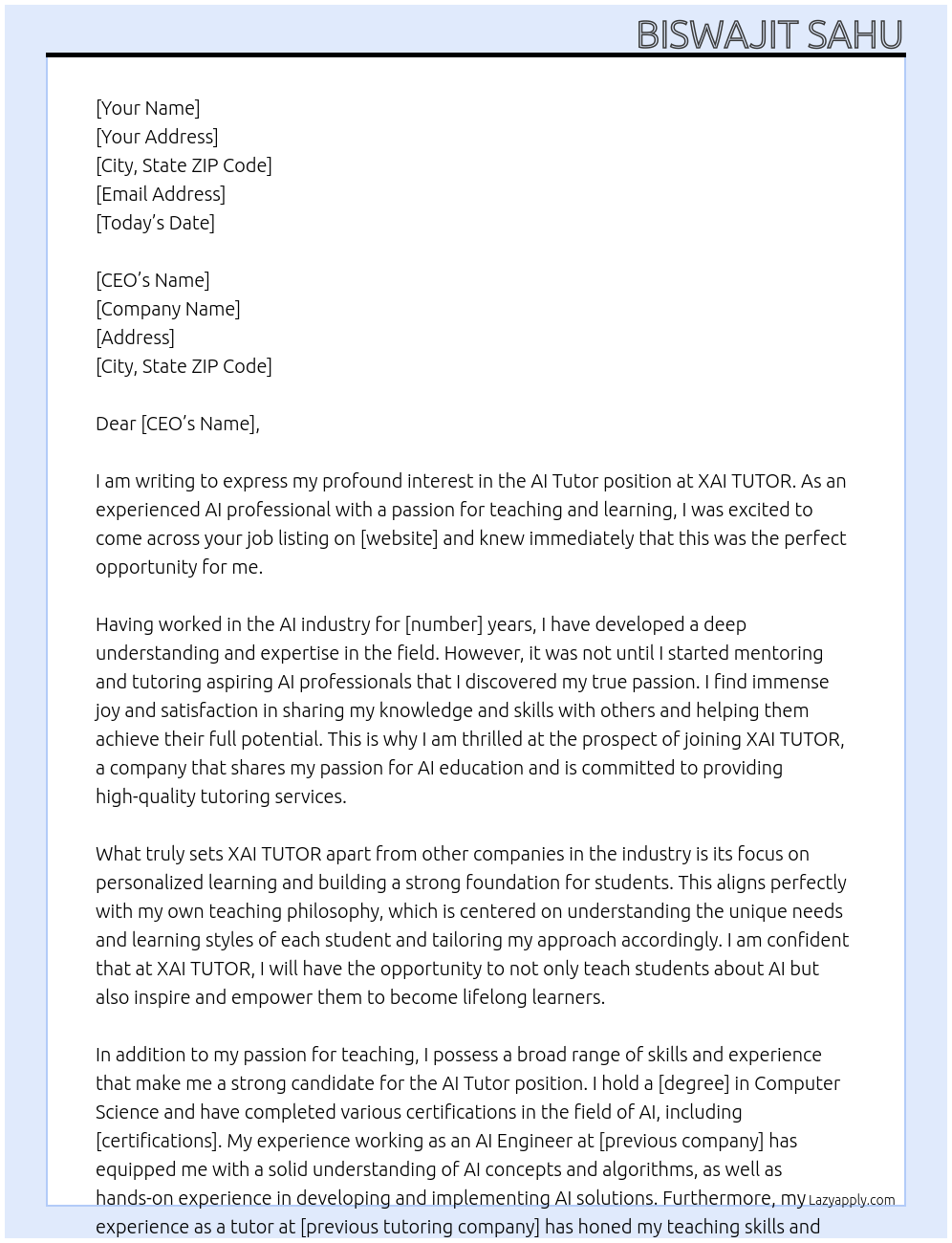 AI Tutor At XAI TUTOR Cover Letter