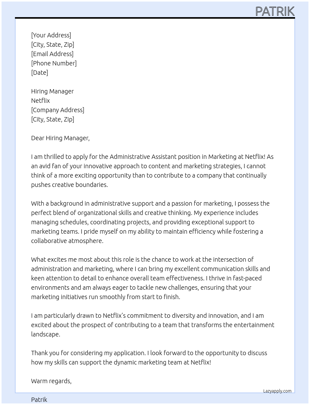 Administrative Assitant Marketing At Netflix Cover Letter