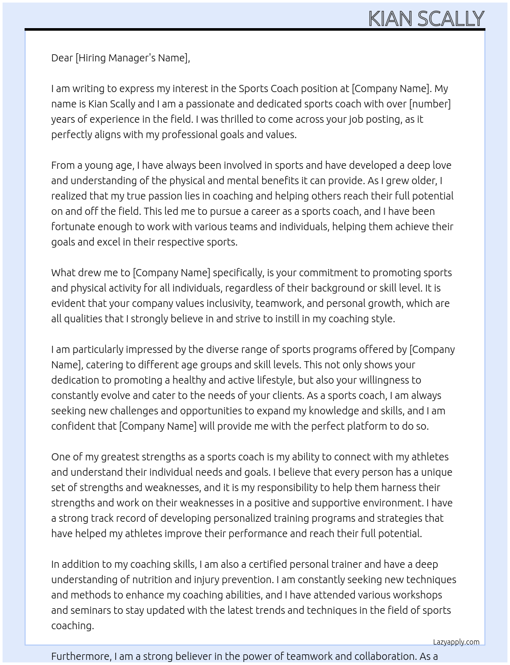 Sports coach At > Cover Letter