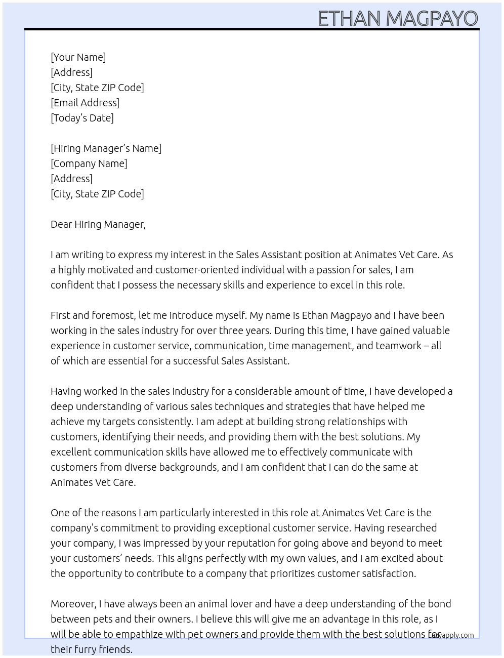 Sales Assistant At Animates Vet Care Cover Letter