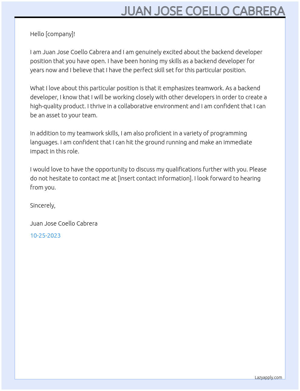 Backend developer At [company] Cover Letter