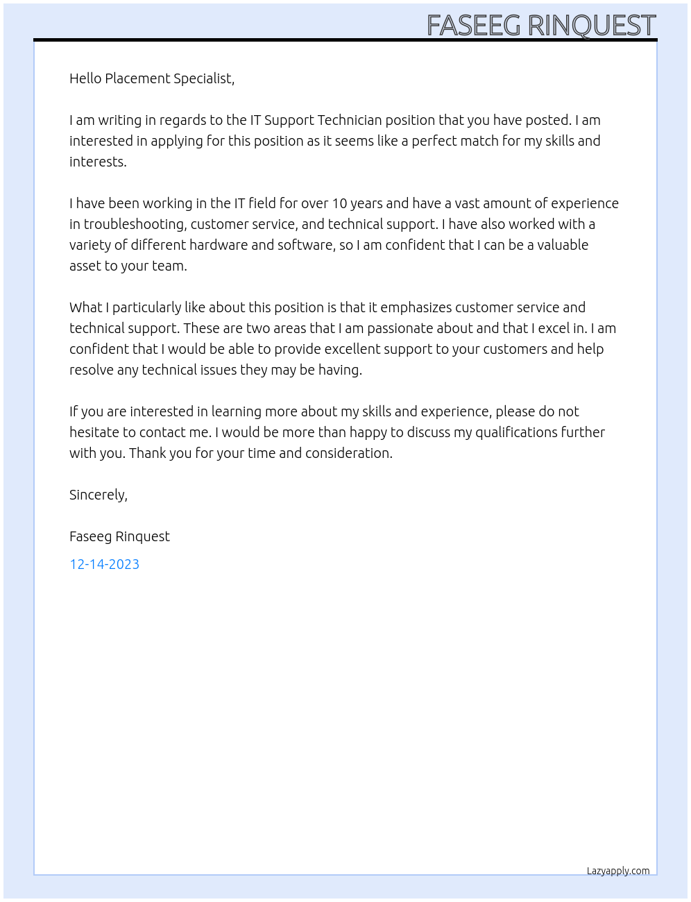 IT Support Technician At Placement Specialist Cover Letter