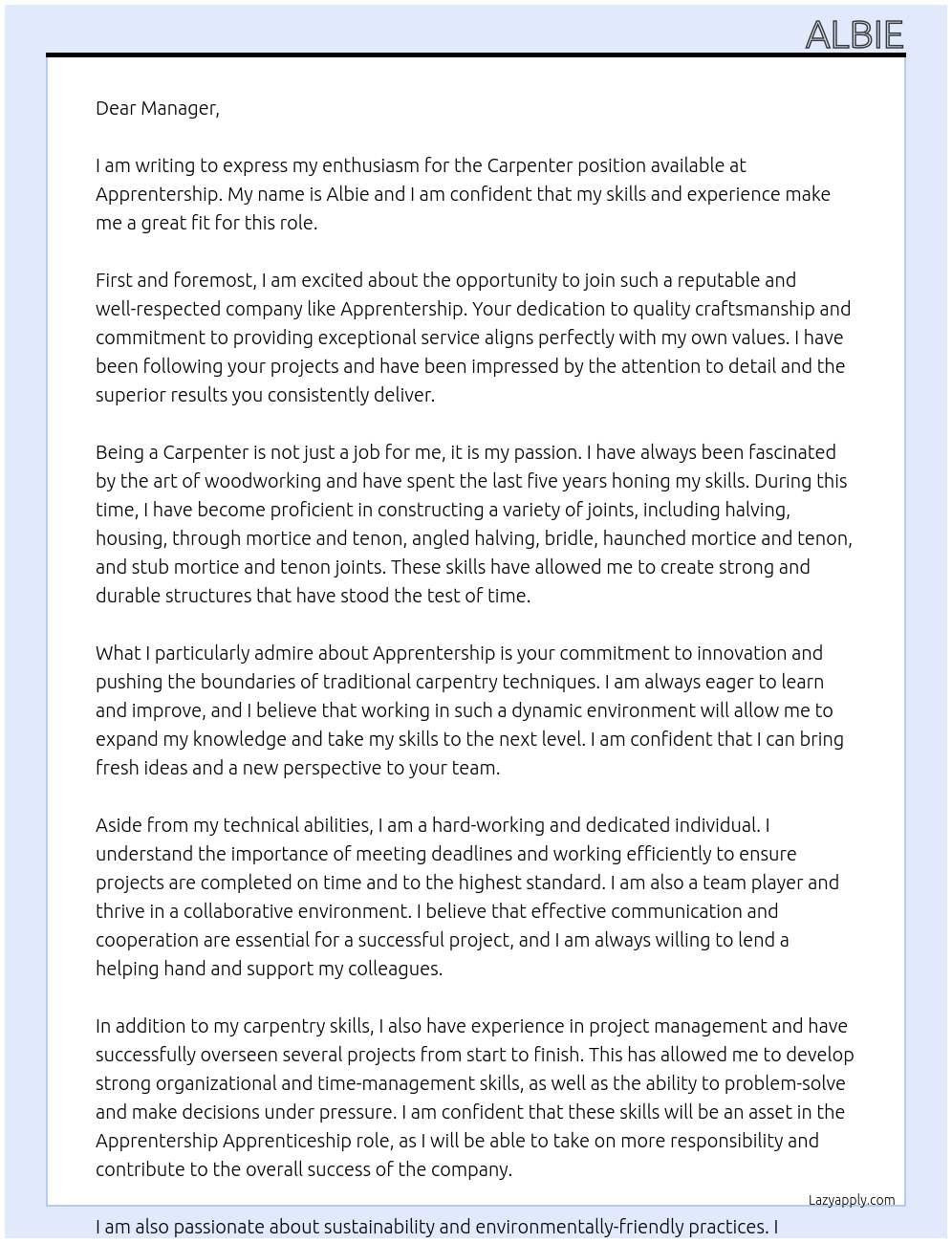 Carpenter  At Apprentership Cover Letter