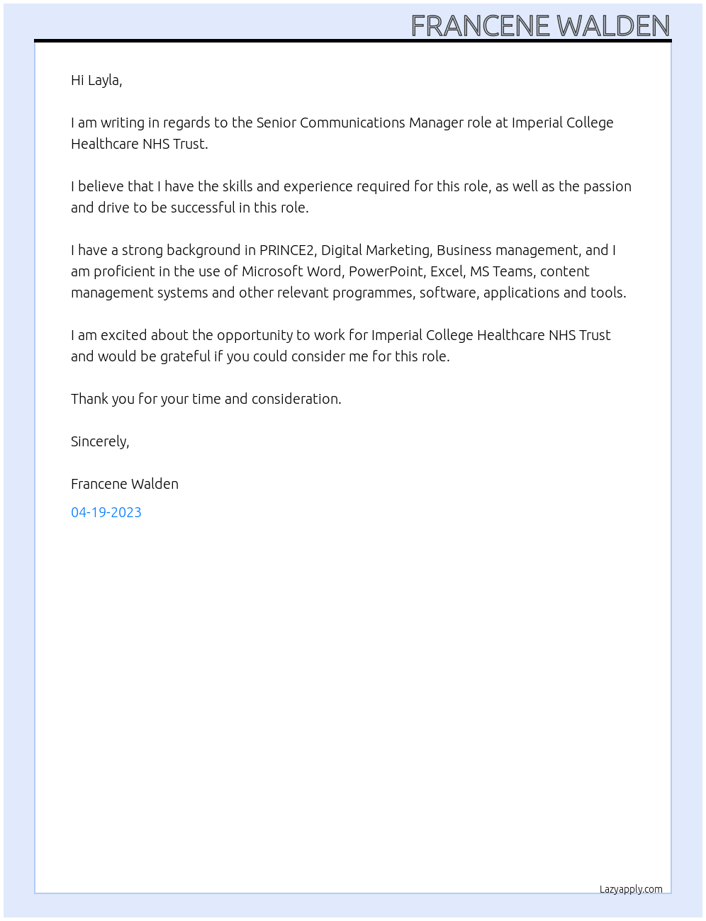 senior communications manager At Imperial College Healthcare NHS Trust Cover Letter