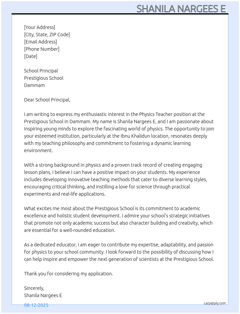 Physics teacher At Prestigious school, Dammam Cover Letter