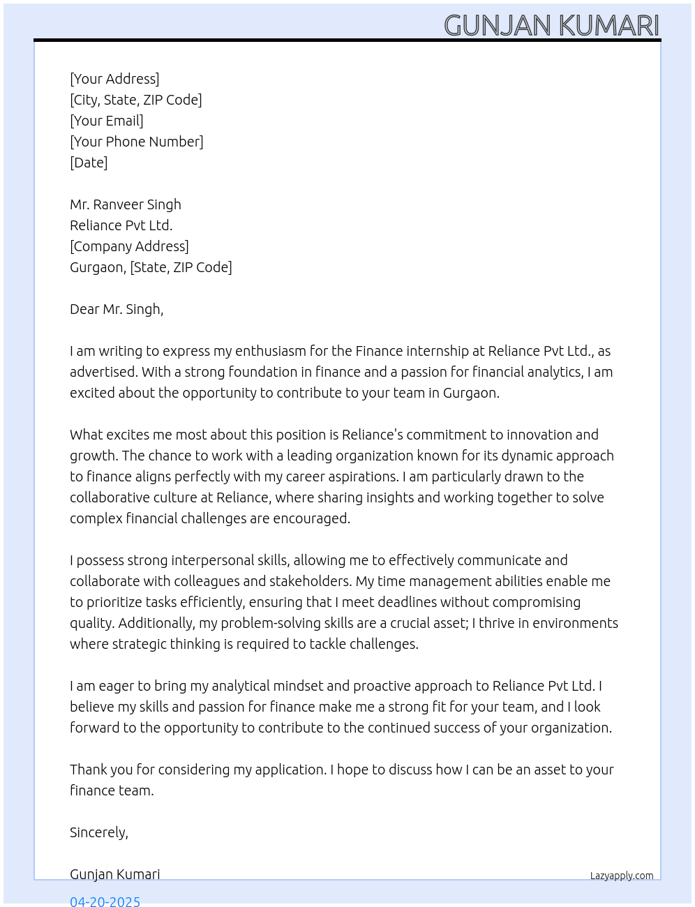 Finance At Reliance Pvt Ltd. Cover Letter