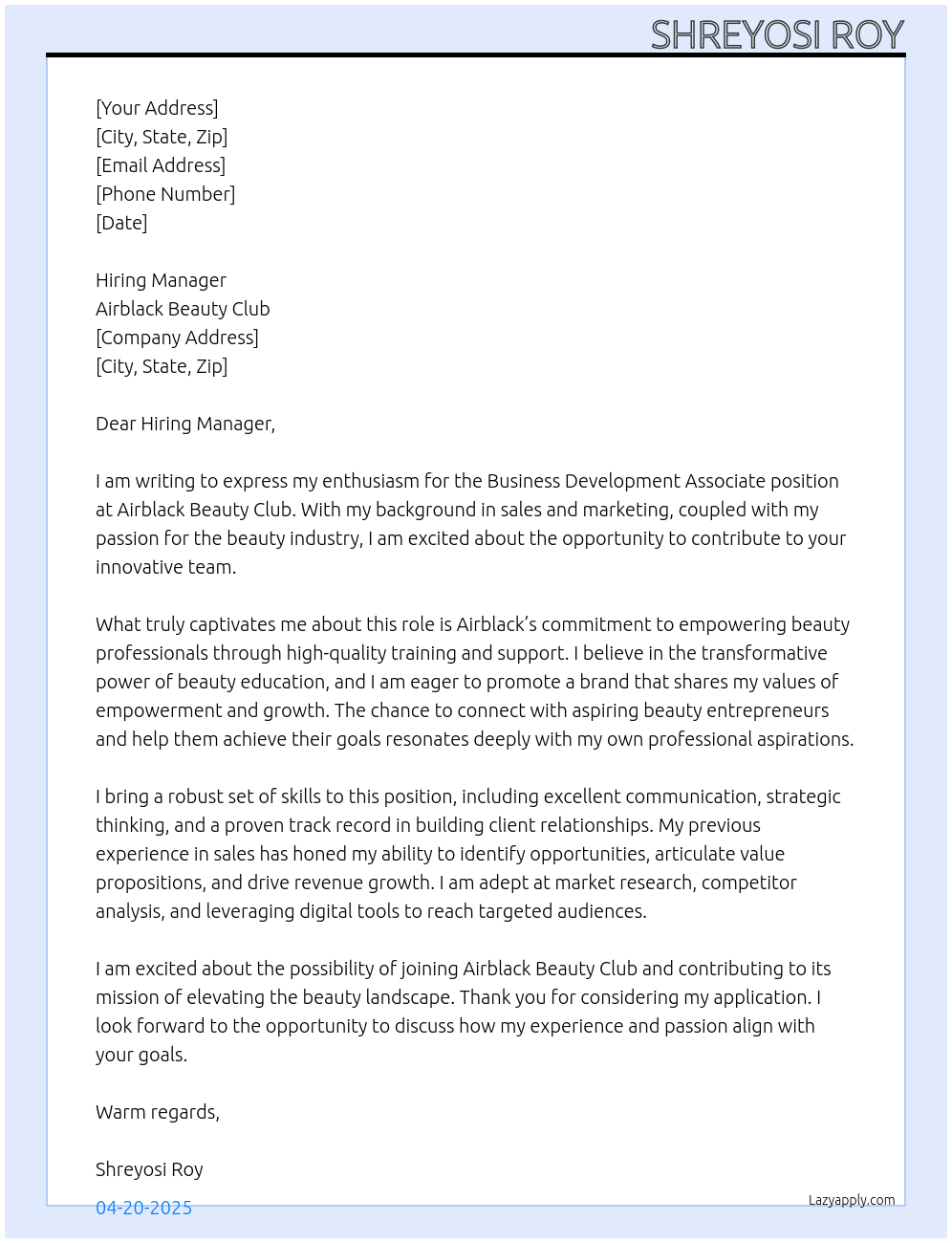 Business Development Associate At Airblack Beauty Club Cover Letter