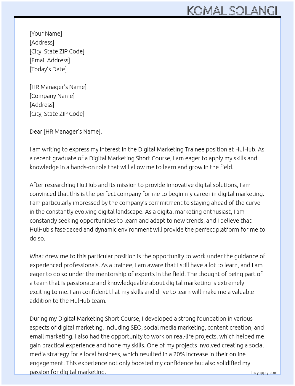 Digital Marketing Trainee At HulHub Cover Letter
