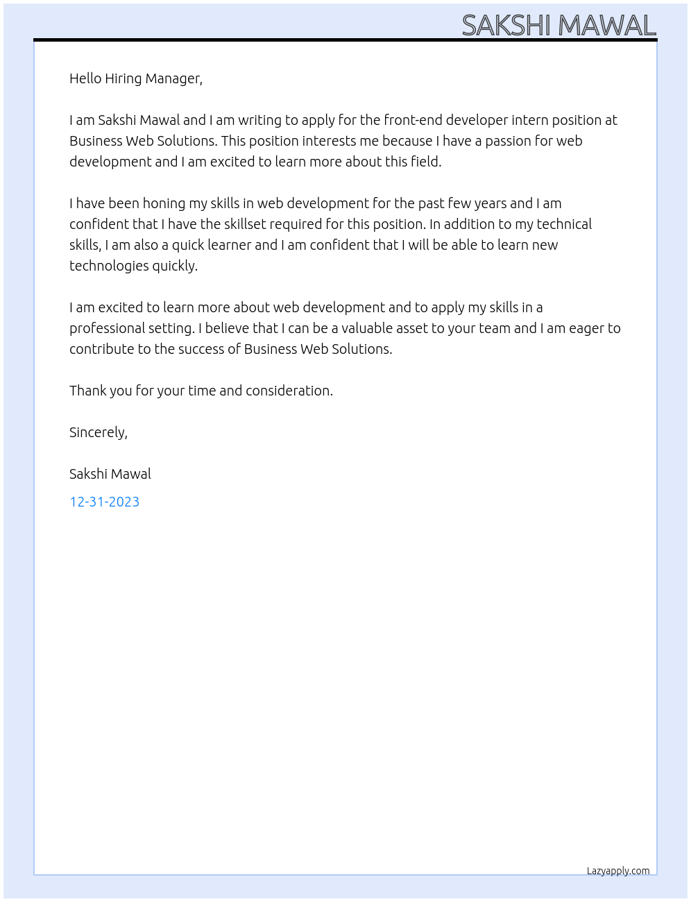 Front-end Developer Intern At Business Web Solutions  Cover Letter