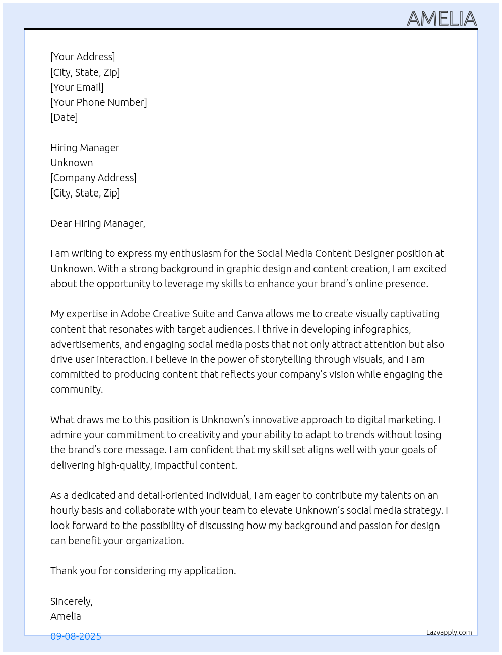social media content designer At Unknown Cover Letter