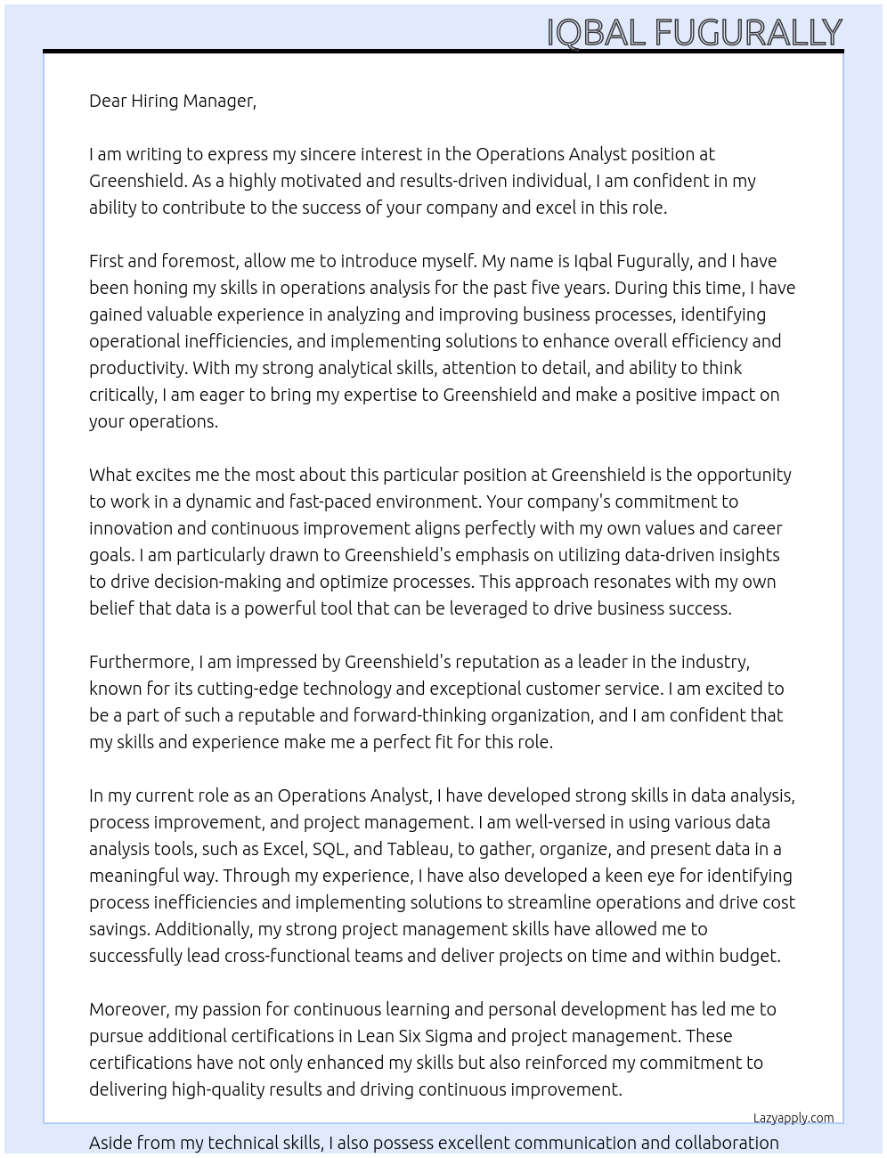 Operations Analyst At Greenshield Cover Letter