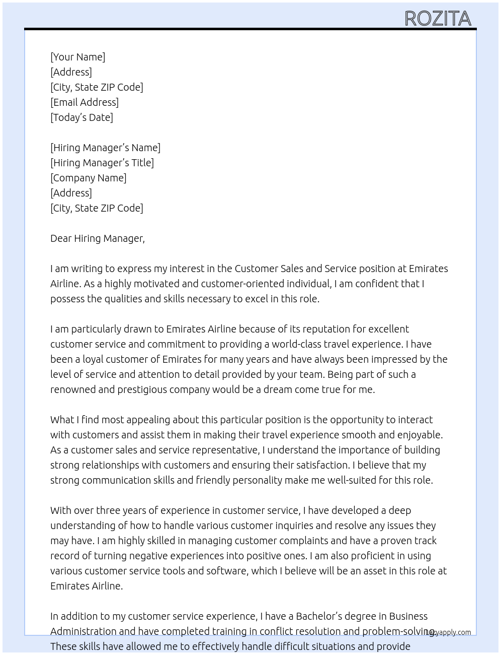 customer sales and service  At Emirates airline  Cover Letter
