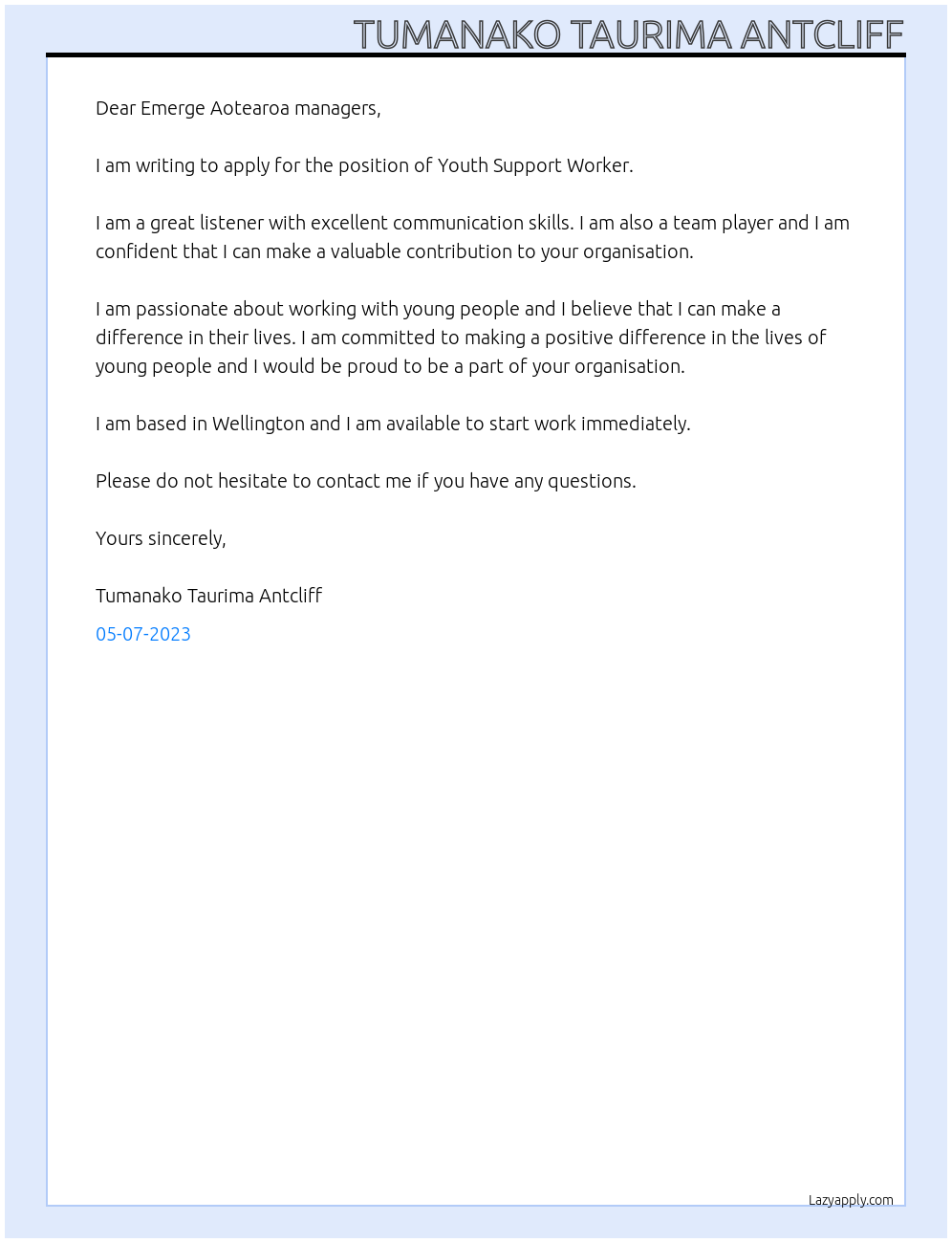 Youth Support Worker At Emerge Aotearoa Cover Letter