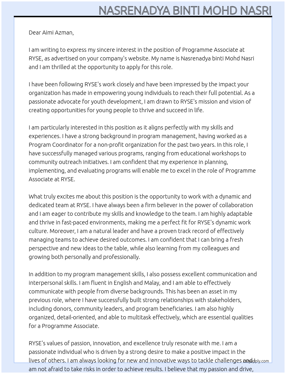  Programme Associate  At RYSE Cover Letter