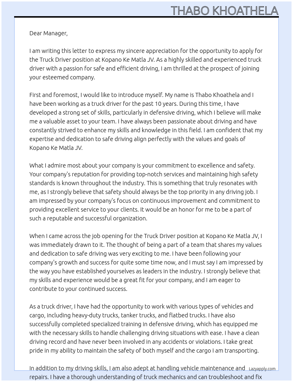 Truck driver At Kopano Ke Matla JV Cover Letter