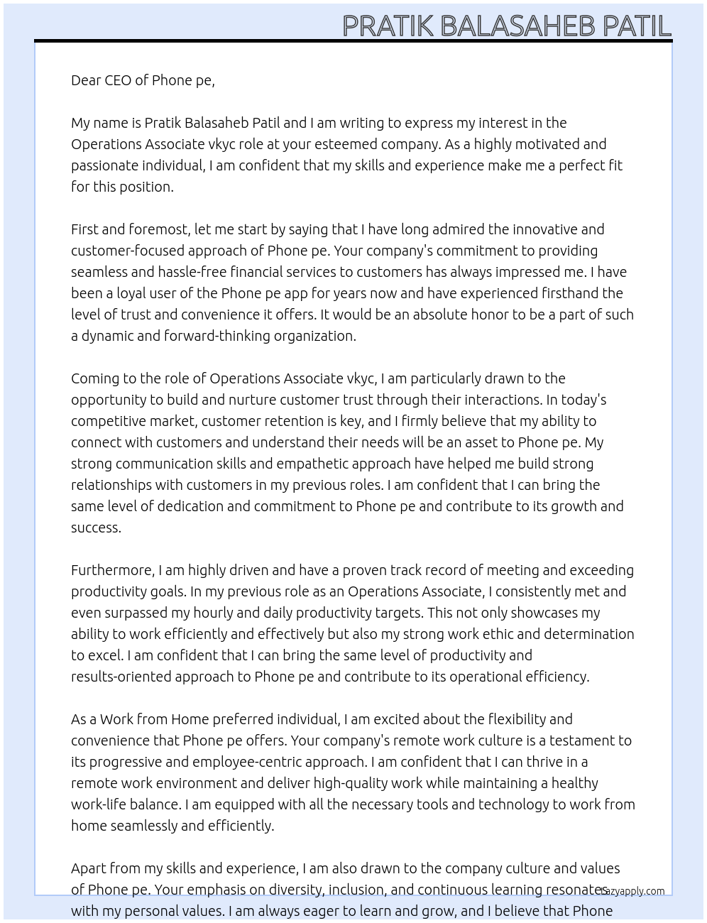 Operations Associate vkyc  At Phone pe Cover Letter