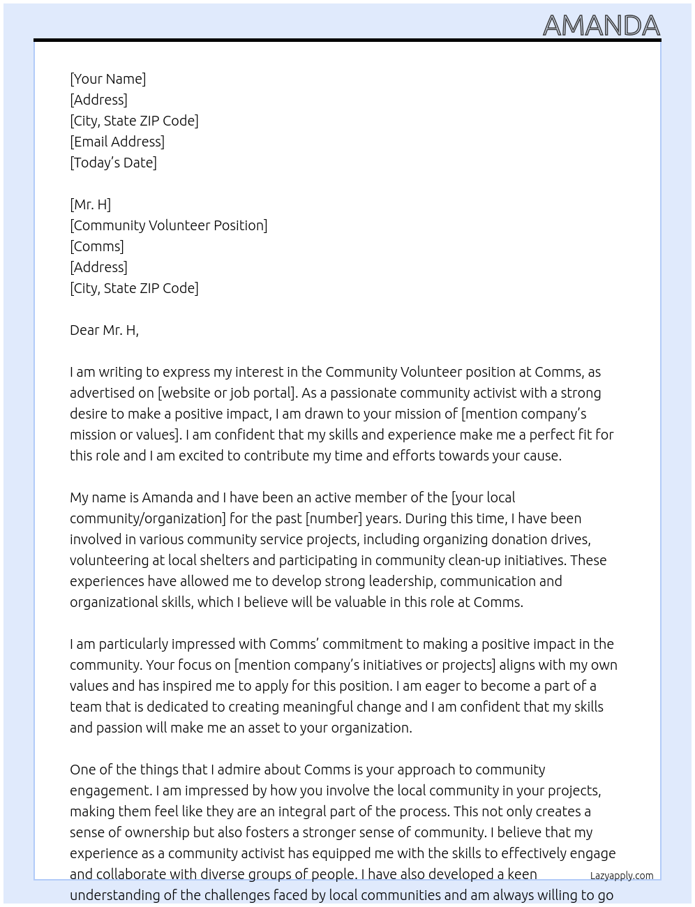 community volunteer At comms Cover Letter