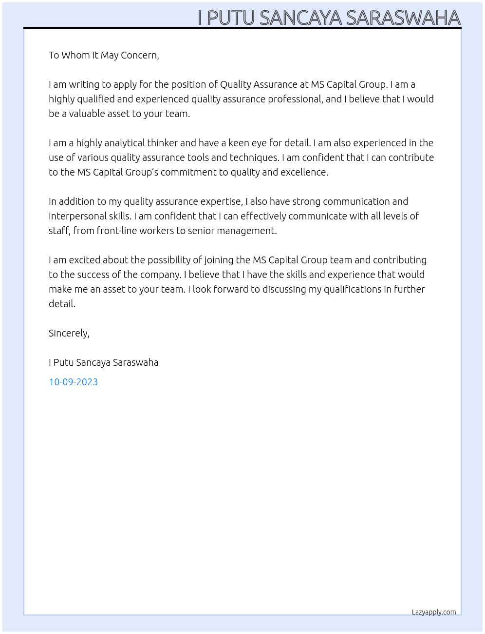 Quality Assurance  At MS Capital Group Cover Letter