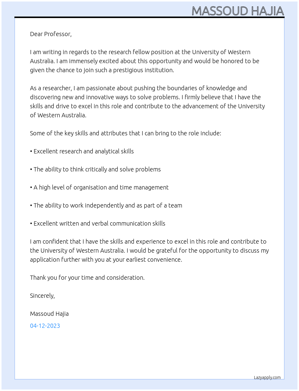 Research fellow At University of Western Australia Cover Letter