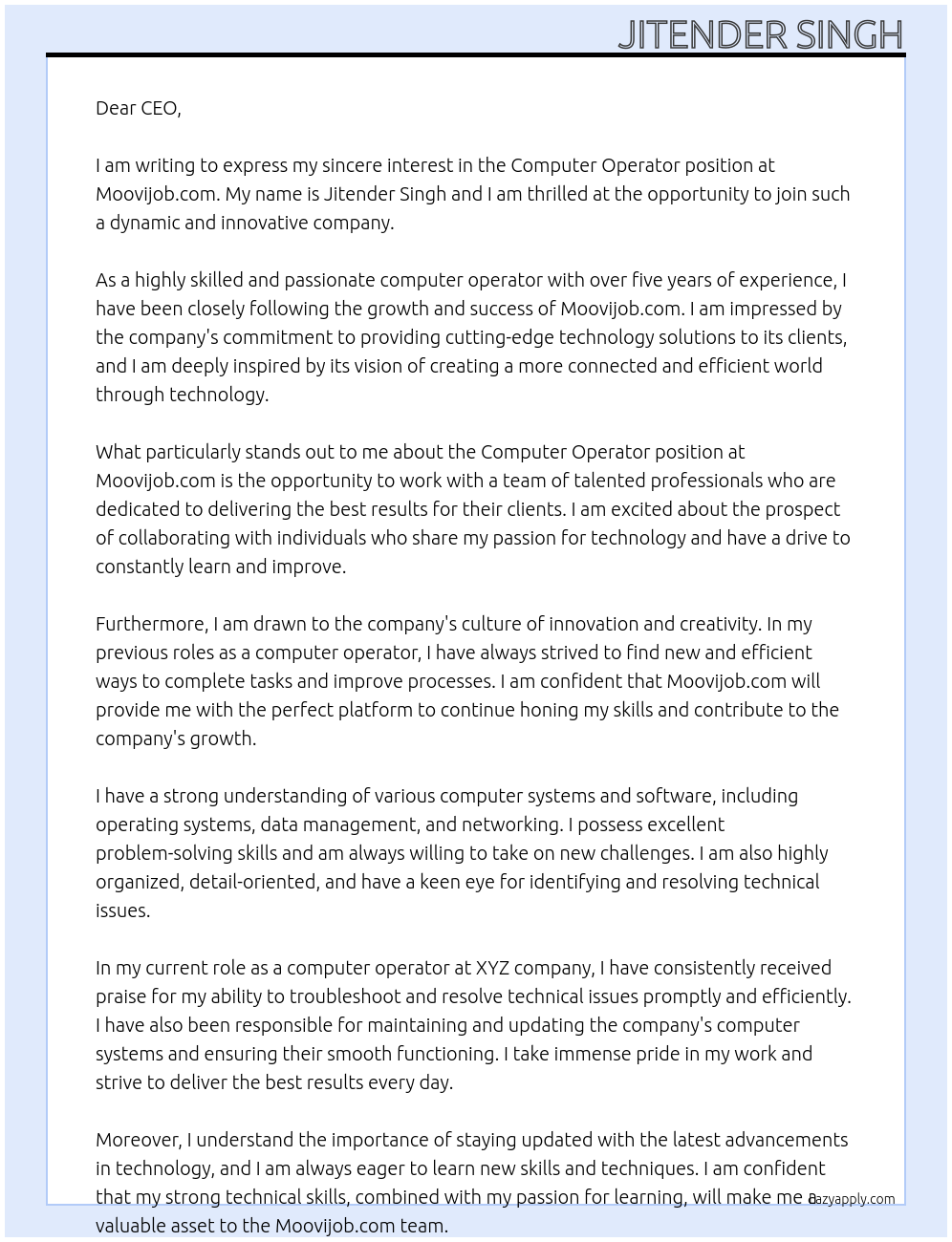 Computer Operator At Moovijob.com Cover Letter